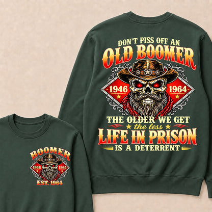 Custom EST.Year Don't Piss Off An Old Boomer The Older We Get The Less Life In Prison Is A Deterrent – Vintage Cowboy Skull Graphic Sweatshirt