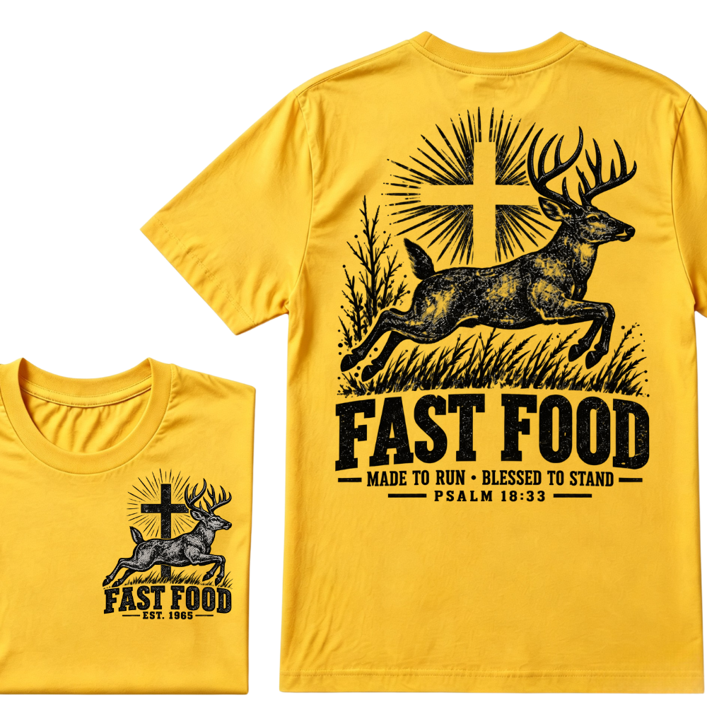 EST.Year Fast Food Made To Run Blessed To Stand Psalm 18:33 Deer Cross Hunting T-Shirt