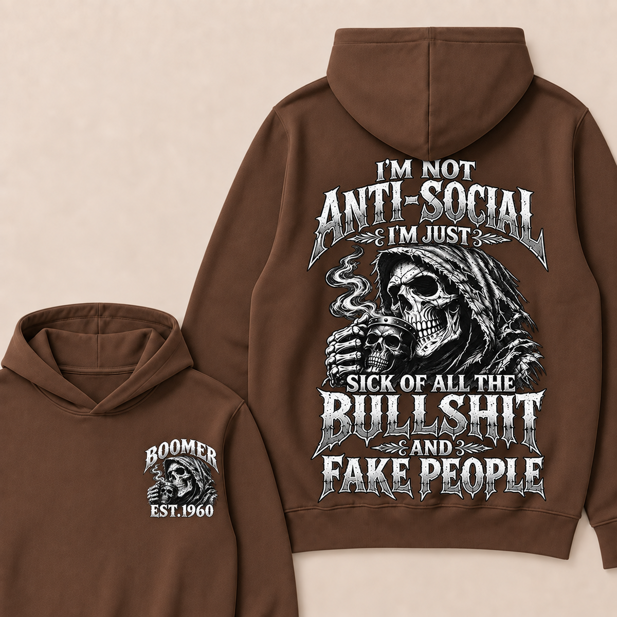 Custom EST.Year I'm Not Anti-Social I'm Just Sick Of All The Bullshit And Fake People – Boomer Vintage Skull Graphic Hoodie