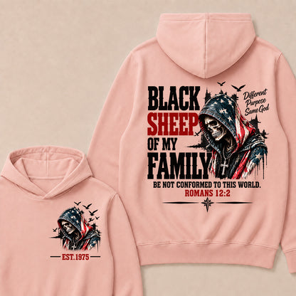 "Black Sheep Of My Family" – Romans 12:2 Christian Skull Hoodie, Different Purpose Same God Graphic Sweatshirt, Patriotic Faith Apparel