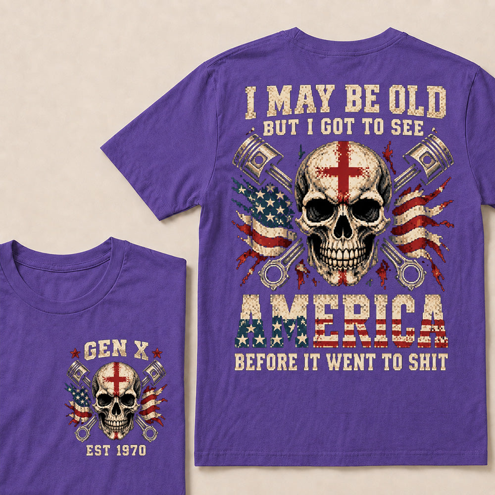 Retro Pixel Crossed Pistons & Skull T-Shirt | Patriotic Biker "I May Be Old" Graphic Tee
