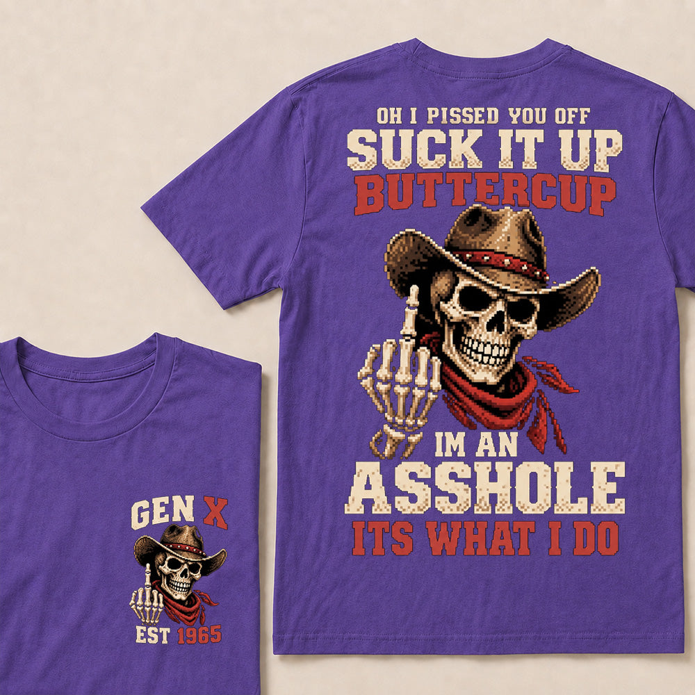 Retro Pixel Cowboy Skull Graphic Tee | "Suck It Up Buttercup" Gen X Sarcastic T-Shirt