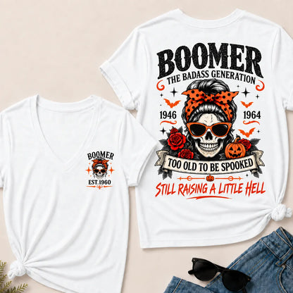 Personalized Boomer Too Old To Be Spooked Halloween V-Neck T-Shirt