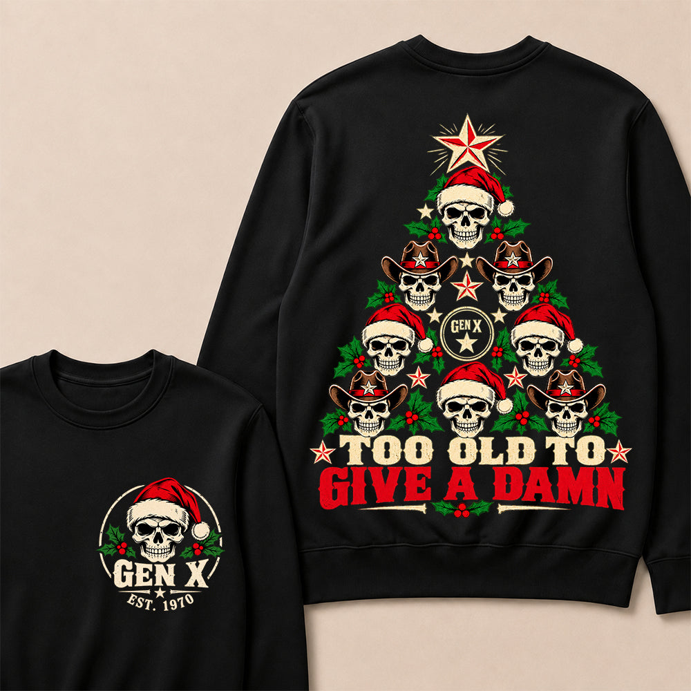 Too Old to Give a Damn – Gen X Custom EST. Year Skull Christmas Tree Sweatshirt