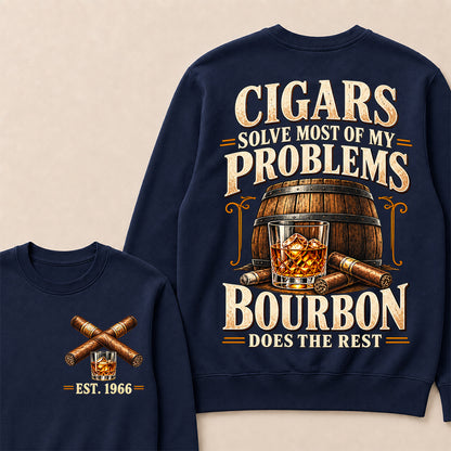 Cigars Solve Most of My Problems Bourbon Does the Rest – Custom EST.Year Vintage Bourbon & Cigar Graphic Sweatshirt