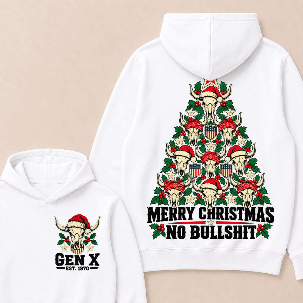 Merry Christmas No Bullshit – Gen X Custom EST. Year Western Bull Skull Christmas Tree Hoodie