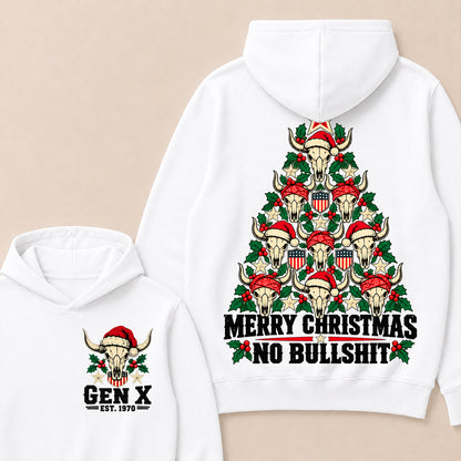 Merry Christmas No Bullshit – Gen X Custom EST. Year Western Bull Skull Christmas Tree Hoodie