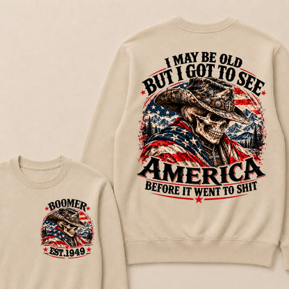 Boomer EST.Year Cowboy Skull American Flag I May Be Old But I Got To See America Vintage Graphic Sweatshirt