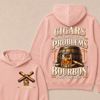Cigars Solve Most of My Problems Bourbon Does the Rest – Custom EST.Year Vintage Bourbon & Cigar Graphic Hoodie