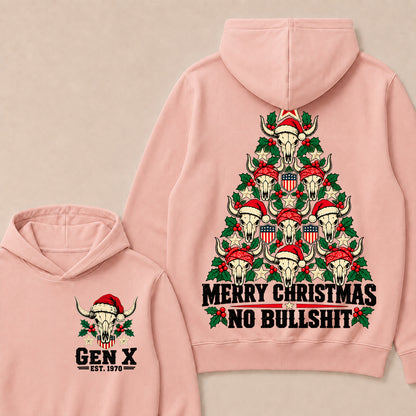 Merry Christmas No Bullshit – Gen X Custom EST. Year Western Bull Skull Christmas Tree Hoodie