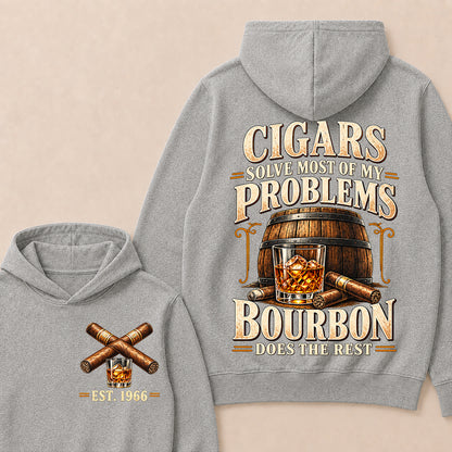 Cigars Solve Most of My Problems Bourbon Does the Rest – Custom EST.Year Vintage Bourbon & Cigar Graphic Hoodie