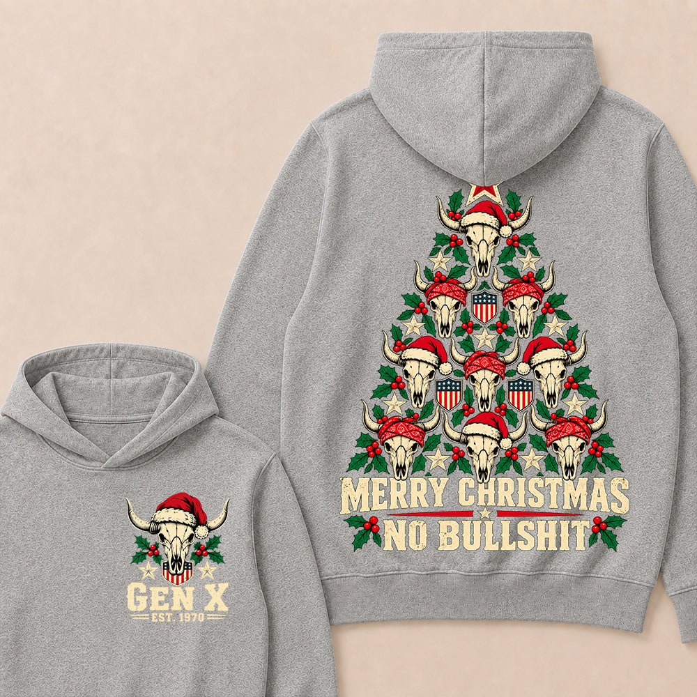 Merry Christmas No Bullshit – Gen X Custom EST. Year Western Bull Skull Christmas Tree Hoodie