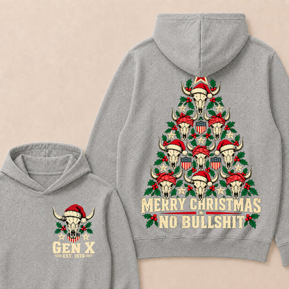 Merry Christmas No Bullshit – Gen X Custom EST. Year Western Bull Skull Christmas Tree Hoodie