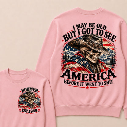 Boomer EST.Year Cowboy Skull American Flag I May Be Old But I Got To See America Vintage Graphic Sweatshirt