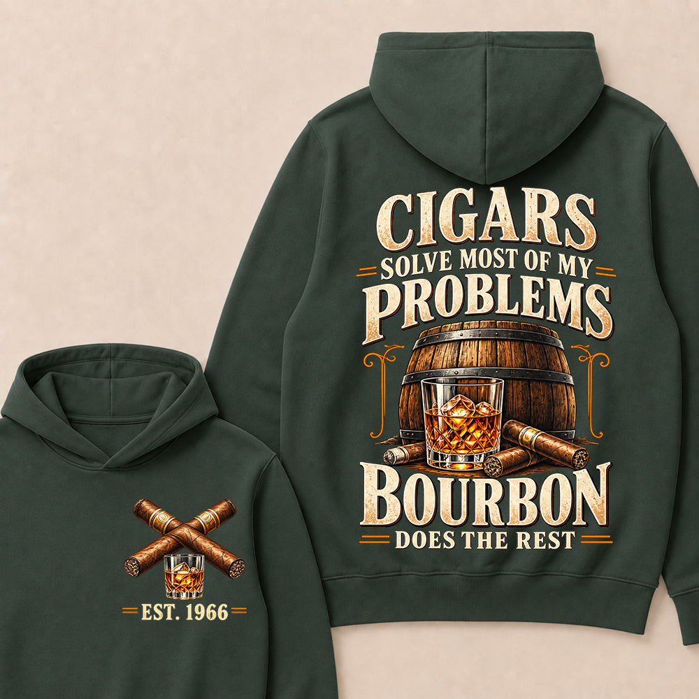 Cigars Solve Most of My Problems Bourbon Does the Rest – Custom EST.Year Vintage Bourbon & Cigar Graphic Hoodie