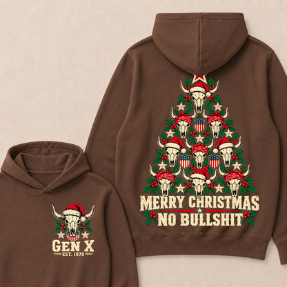 Merry Christmas No Bullshit – Gen X Custom EST. Year Western Bull Skull Christmas Tree Hoodie