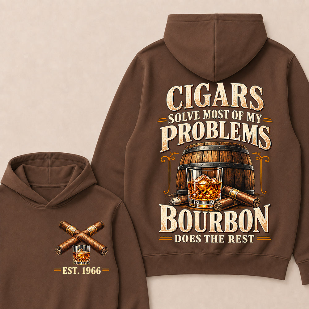 Cigars Solve Most of My Problems Bourbon Does the Rest – Custom EST.Year Vintage Bourbon & Cigar Graphic Hoodie