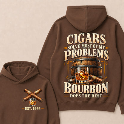 Cigars Solve Most of My Problems Bourbon Does the Rest – Custom EST.Year Vintage Bourbon & Cigar Graphic Hoodie