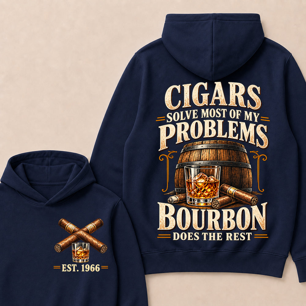 Cigars Solve Most of My Problems Bourbon Does the Rest – Custom EST.Year Vintage Bourbon & Cigar Graphic Hoodie
