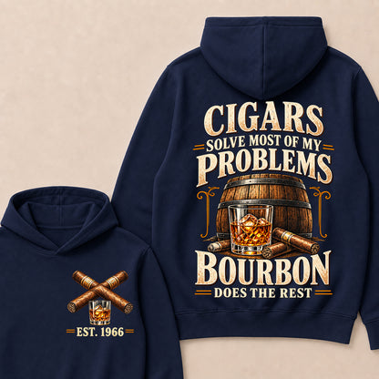 Cigars Solve Most of My Problems Bourbon Does the Rest – Custom EST.Year Vintage Bourbon & Cigar Graphic Hoodie