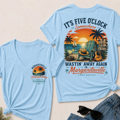 It's Five O'clock Somewhere Wastin' Away Again In Margaritaville Jimmy Buffett V-Neck T-Shirt