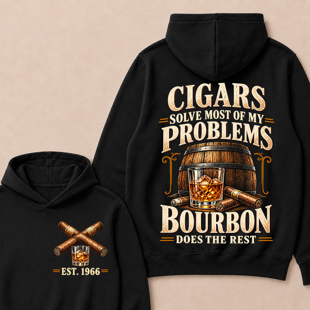Cigars Solve Most of My Problems Bourbon Does the Rest – Custom EST.Year Vintage Bourbon & Cigar Graphic Hoodie