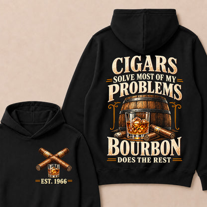 Cigars Solve Most of My Problems Bourbon Does the Rest – Custom EST.Year Vintage Bourbon & Cigar Graphic Hoodie
