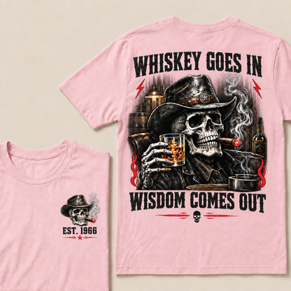 "Whiskey Goes In, Wisdom Comes Out" – EST.1966 Cowboy Skull Graphic Tee, Retro Western Whiskey & Cigar Shirt for Men