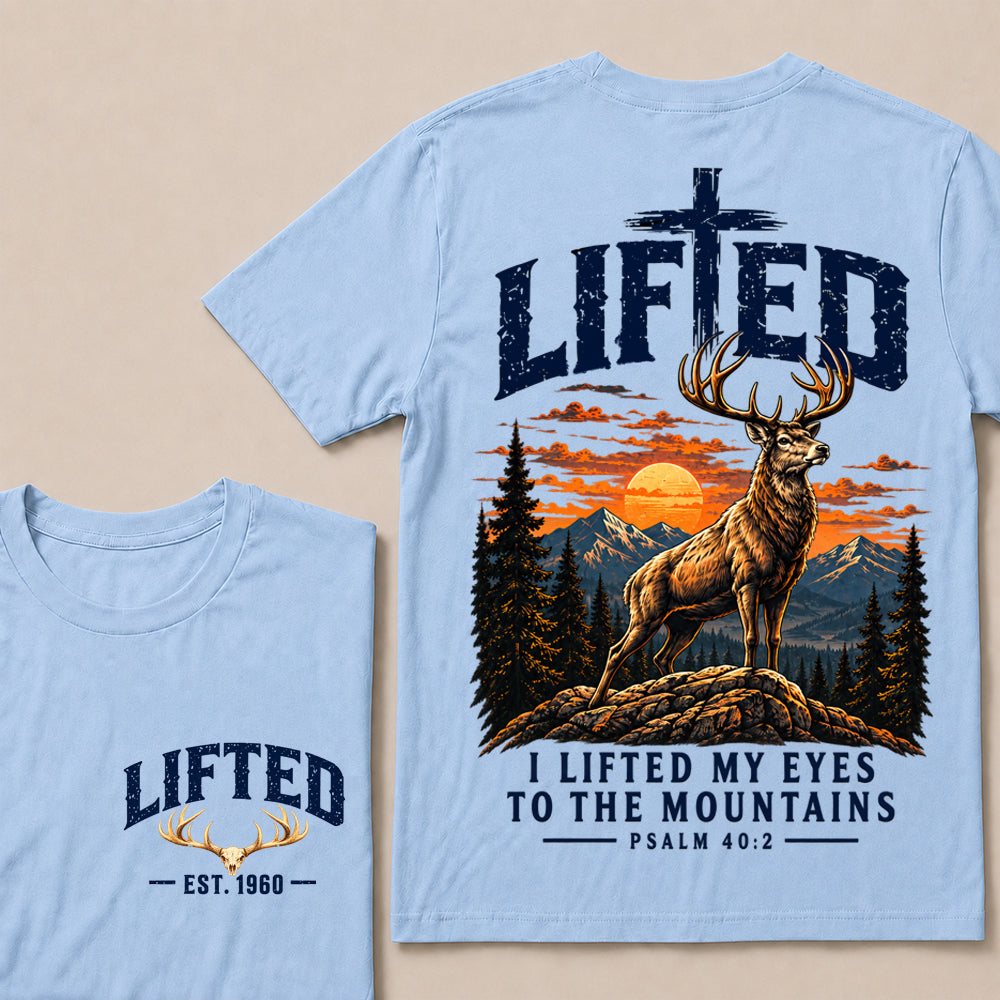 Custom EST.Year Lifted I Lifted My Eyes To The Mountains – Christian Deer & Mountain Graphic Tee
