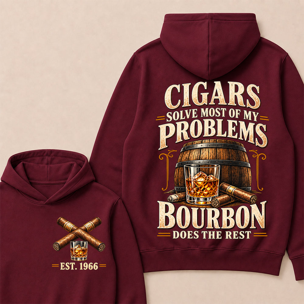 Cigars Solve Most of My Problems Bourbon Does the Rest – Custom EST.Year Vintage Bourbon & Cigar Graphic Hoodie