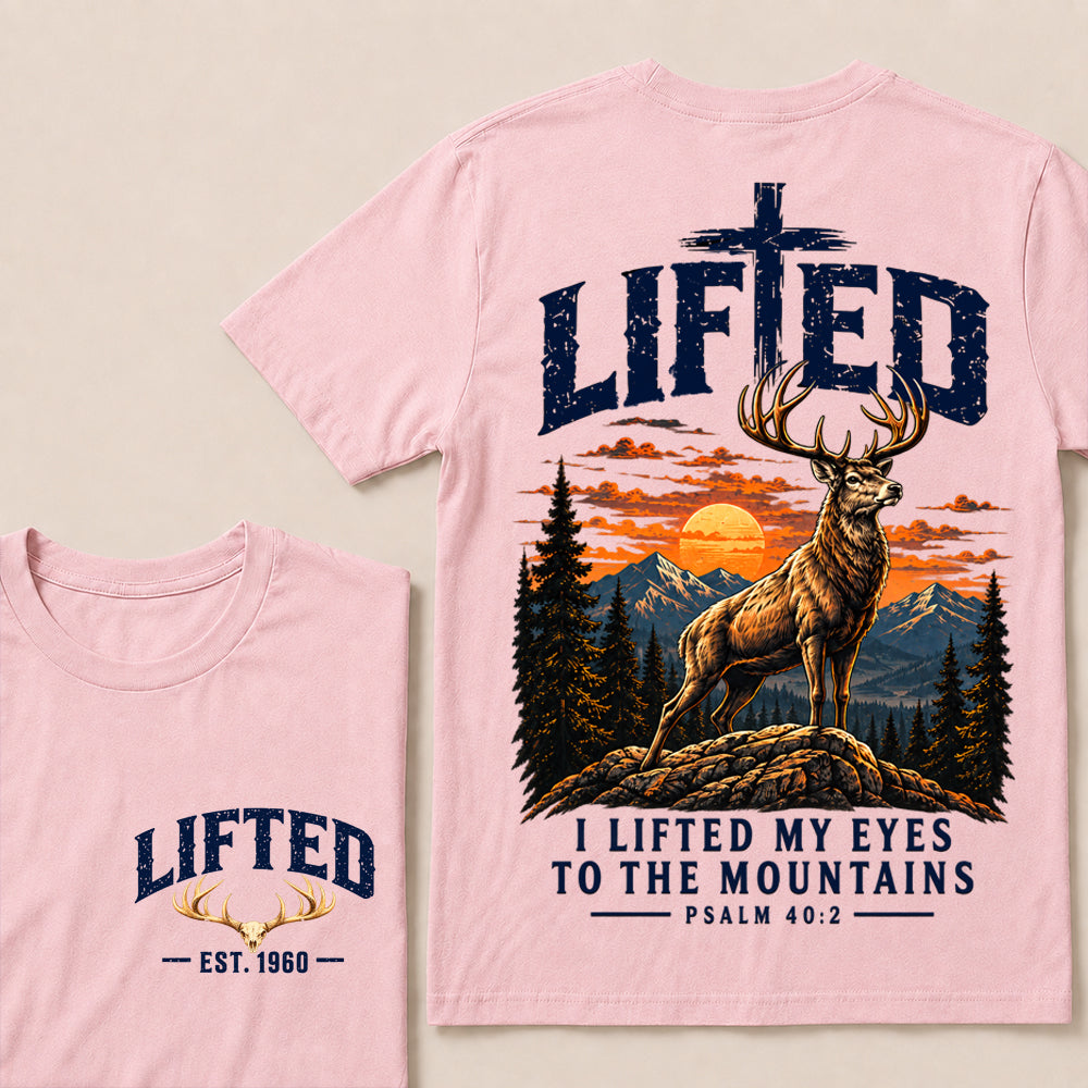 Custom EST.Year Lifted I Lifted My Eyes To The Mountains – Christian Deer & Mountain Graphic Tee