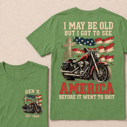 Vintage American Motorcycle & Cross T-Shirt | Patriotic Biker "I May Be Old" Graphic Tee