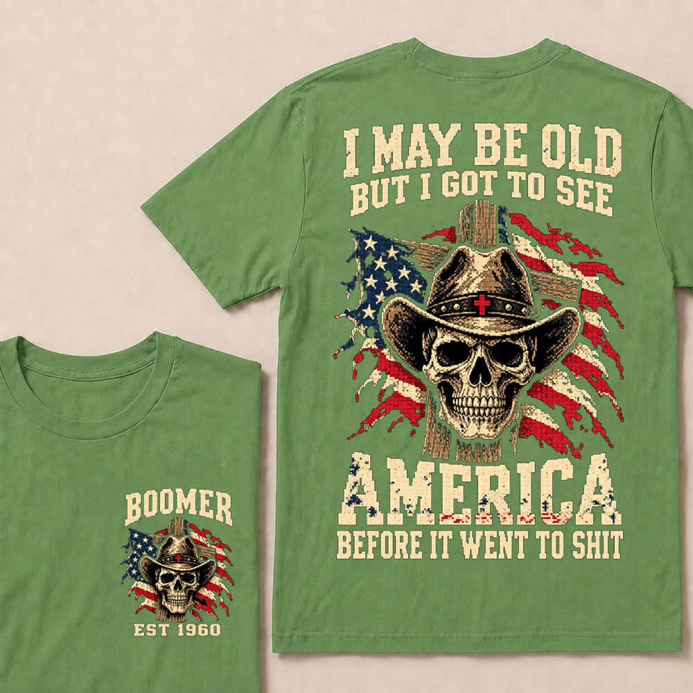 Vintage Western Cowboy Skull T-Shirt | Cross Hat & American Flag "I May Be Old" Graphic Tee