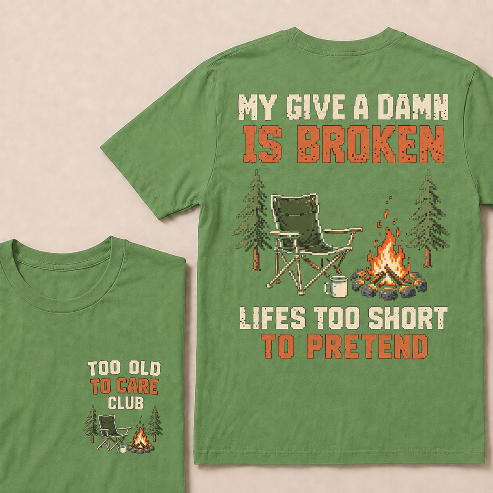 Retro Pixel Campfire & Chair T-Shirt | "My Give A Damn Is Broken" Funny Camping Tee