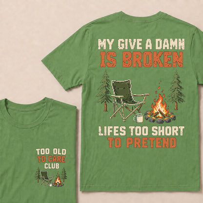 Retro Pixel Campfire & Chair T-Shirt | "My Give A Damn Is Broken" Funny Camping Tee