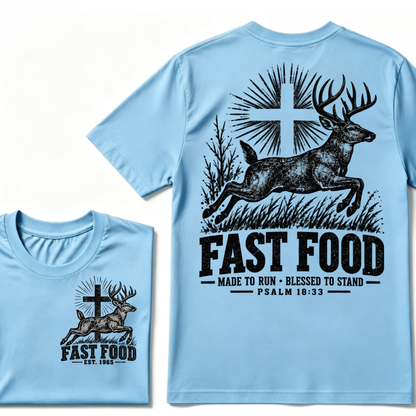 EST.Year Fast Food Made To Run Blessed To Stand Psalm 18:33 Deer Cross Hunting T-Shirt