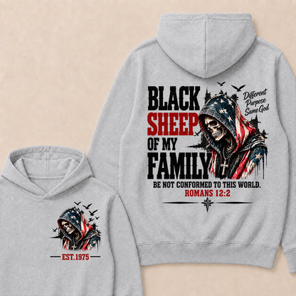 "Black Sheep Of My Family" – Romans 12:2 Christian Skull Hoodie, Different Purpose Same God Graphic Sweatshirt, Patriotic Faith Apparel