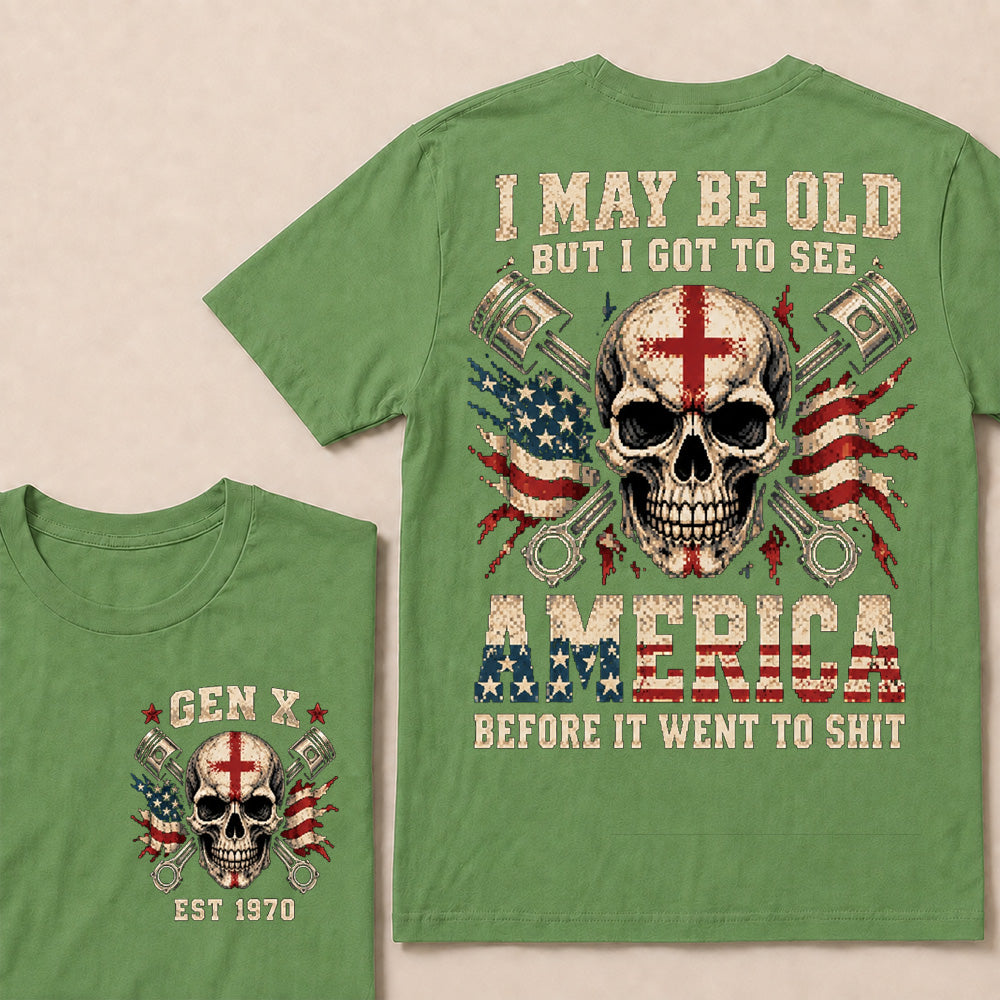 Retro Pixel Crossed Pistons & Skull T-Shirt | Patriotic Biker "I May Be Old" Graphic Tee