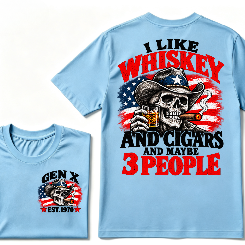 Gen X EST.Year I Like Whiskey And Cigars And Maybe 3 People Cowboy Skull American Flag Graphic T-Shirt