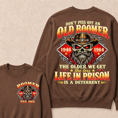 Custom EST.Year Don't Piss Off An Old Boomer The Older We Get The Less Life In Prison Is A Deterrent – Vintage Cowboy Skull Graphic Sweatshirt