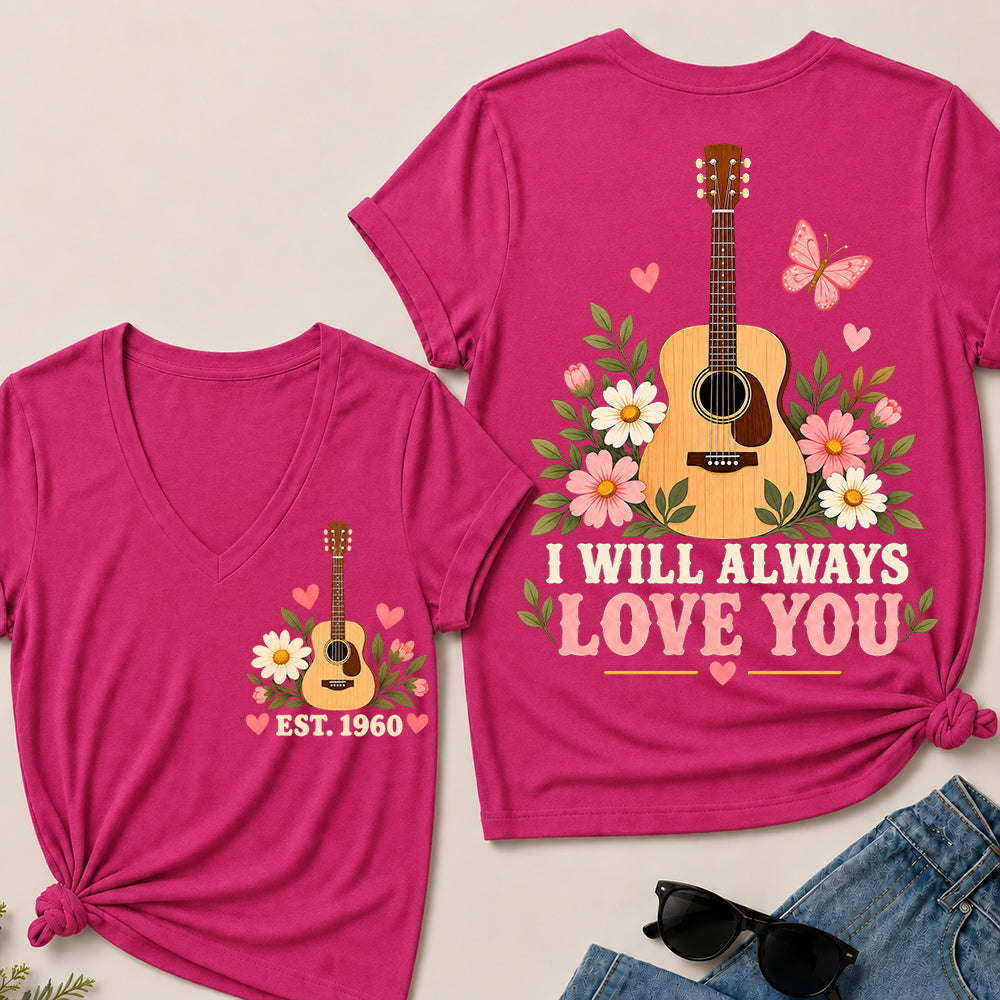 I Will Always Love You – Custom EST.Year Floral Acoustic Guitar Women’s V-Neck T-Shirt