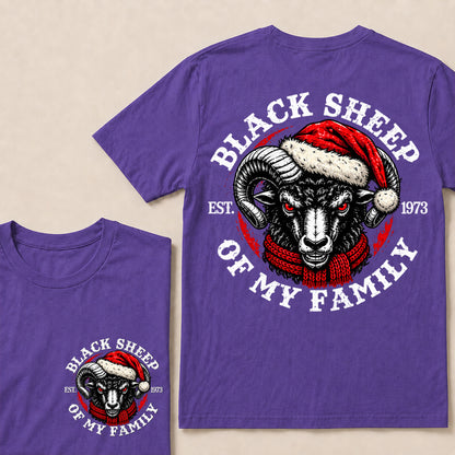 Black Sheep of My Family – Custom EST. Year Christmas Ram & Red Scarf Graphic T-Shirt