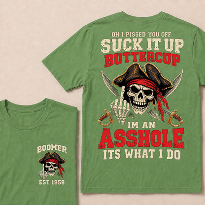 Retro Pixel Pirate Skull T-Shirt | Crossed Cutlasses & Red Bandana "Suck It Up" Graphic Tee