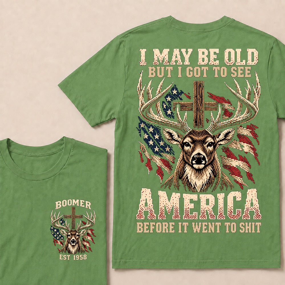 Retro Pixel Buck Deer & Cross T-Shirt | Patriotic Hunting "I May Be Old" Graphic Tee