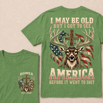 Retro Pixel Buck Deer & Cross T-Shirt | Patriotic Hunting "I May Be Old" Graphic Tee