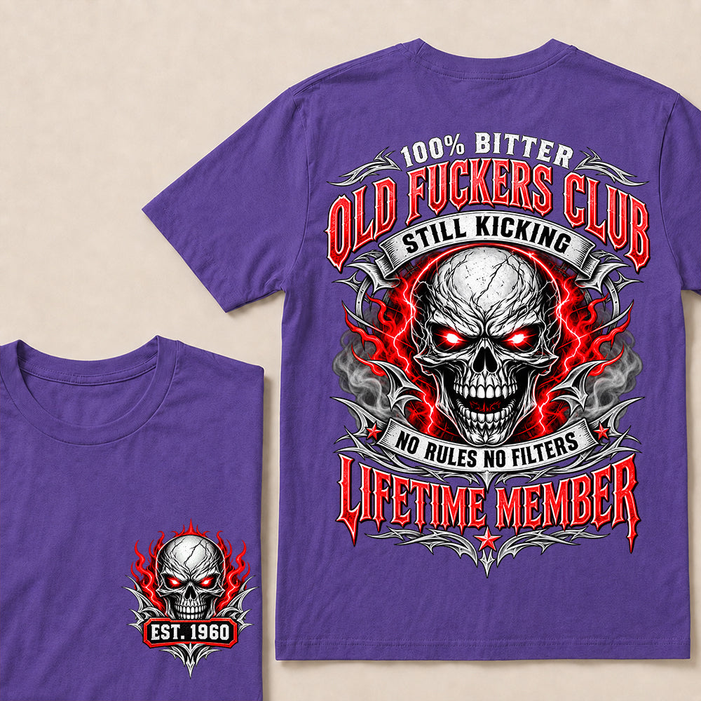 100% Bitter Old Fuckers Club Lifetime Member – Custom EST.Year Red-Eyed Skull Graphic T-Shirt