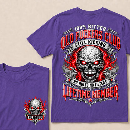 100% Bitter Old Fuckers Club Lifetime Member – Custom EST.Year Red-Eyed Skull Graphic T-Shirt