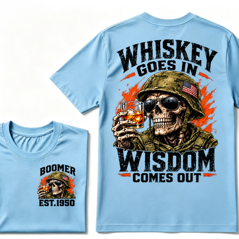Boomer EST.Year Soldier Skull Whiskey Goes In Wisdom Comes Out American Flag Graphic T-Shirt