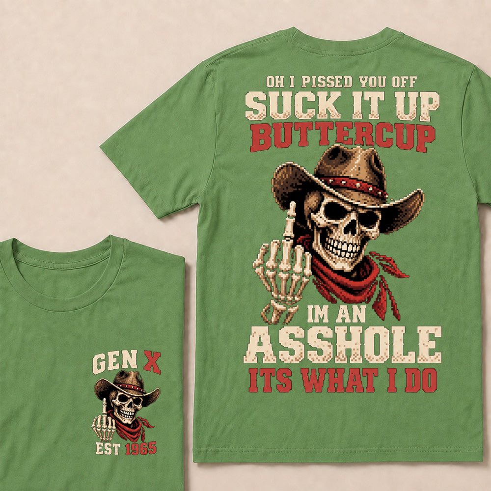 Retro Pixel Cowboy Skull Graphic Tee | "Suck It Up Buttercup" Gen X Sarcastic T-Shirt