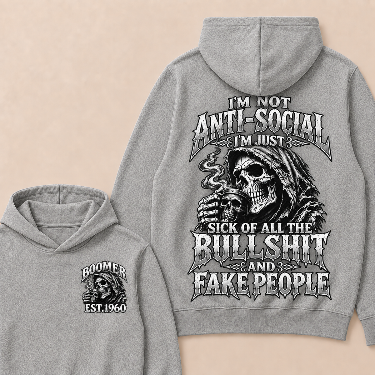 Custom EST.Year I'm Not Anti-Social I'm Just Sick Of All The Bullshit And Fake People – Boomer Vintage Skull Graphic Hoodie